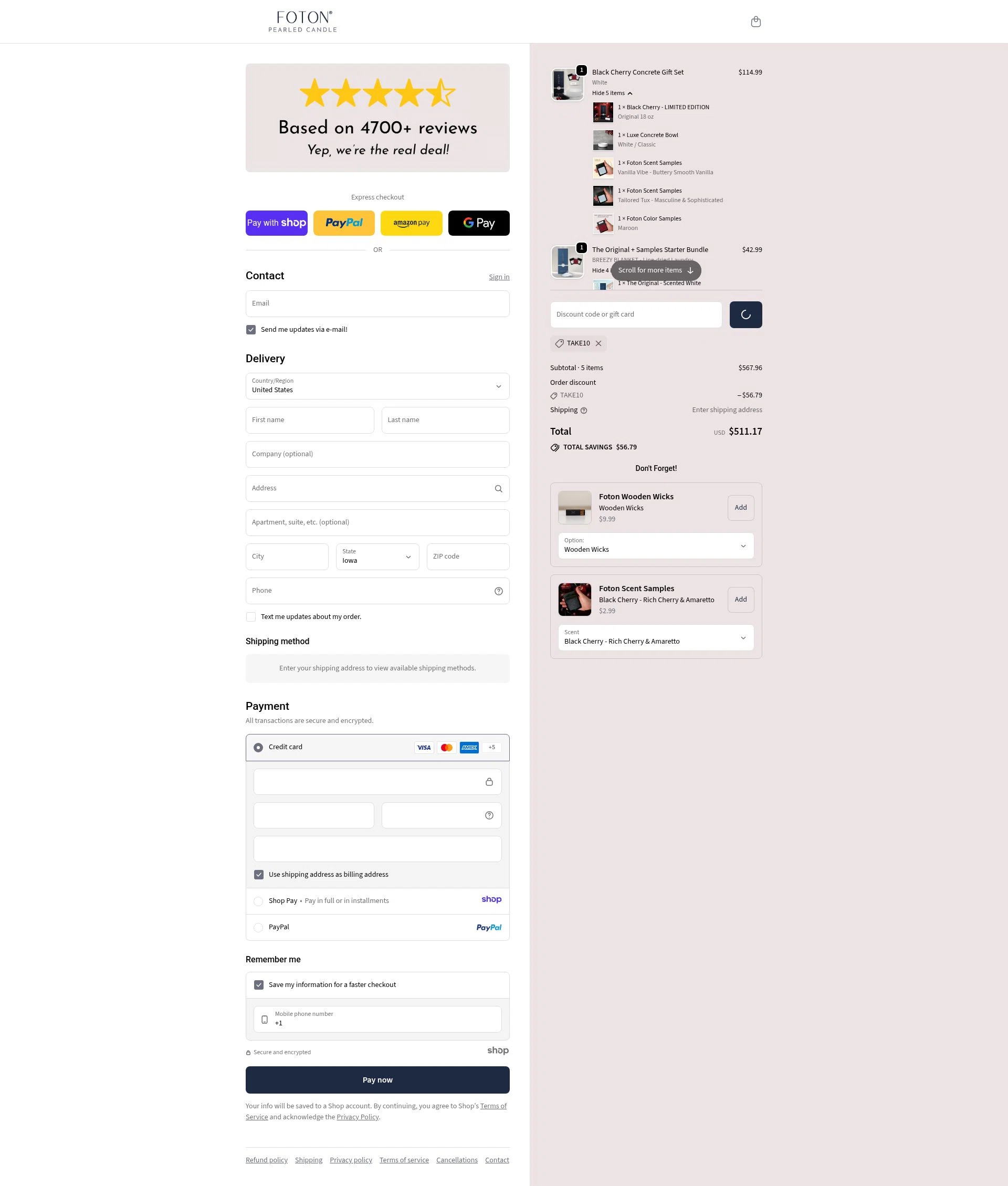 FotonCandle checkout page showing FotonCandle promo code box | Screenshot taken by SimplyCodes community member on Jan 7, 2026
