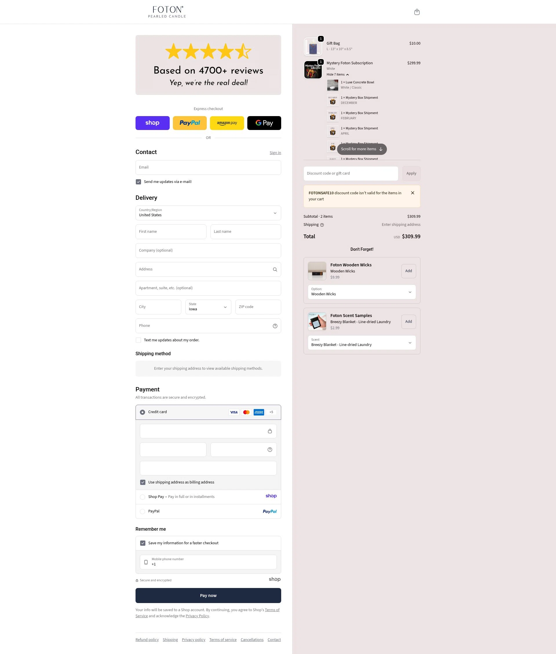 FotonCandle checkout page showing FotonCandle promo code box | Screenshot taken by SimplyCodes community member on Jan 2, 2026