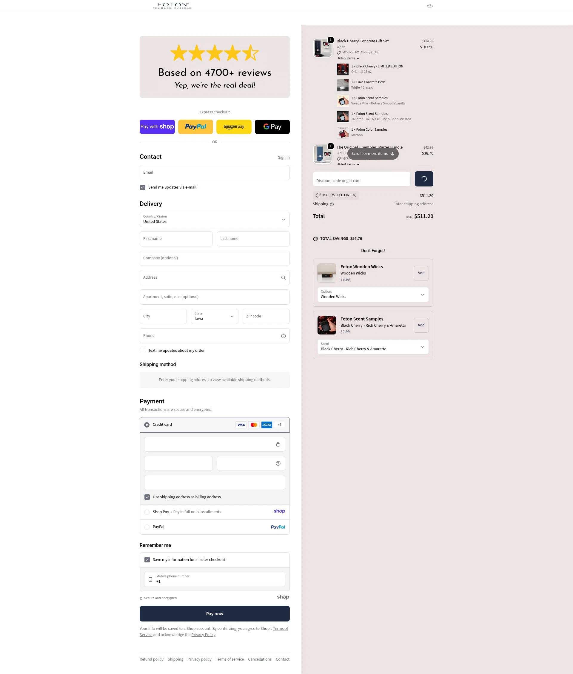 FotonCandle checkout page showing FotonCandle promo code box | Screenshot taken by SimplyCodes community member on Jan 7, 2026