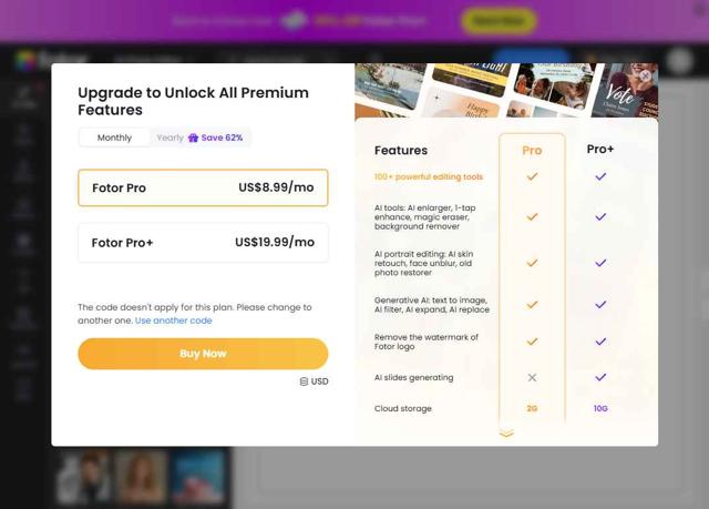 Fotor checkout page showing Fotor promo code box | Screenshot taken by SimplyCodes community member on Aug 31, 2025