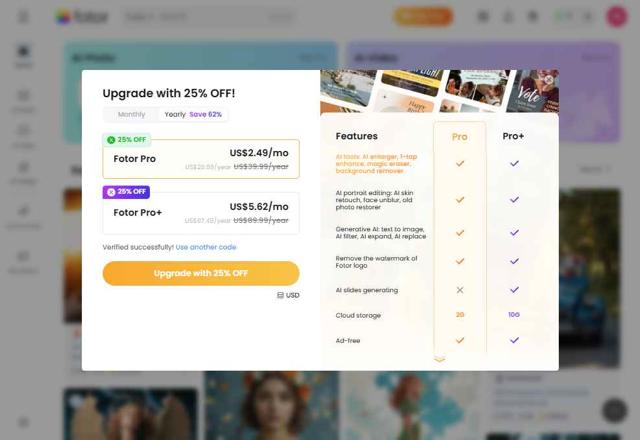 Fotor checkout page showing Fotor promo code box | Screenshot taken by SimplyCodes community member on Jul 28, 2025