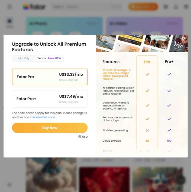 Fotor checkout page showing Fotor promo code box | Screenshot taken by SimplyCodes community member on Aug 23, 2025