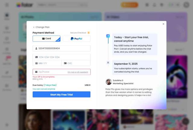 Fotor checkout page showing Fotor promo code box | Screenshot taken by SimplyCodes community member on Sep 4, 2025