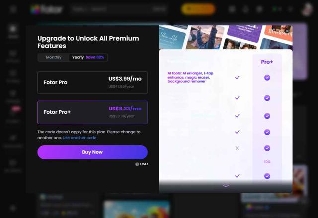 Fotor checkout page showing Fotor promo code box | Screenshot taken by SimplyCodes community member on Aug 14, 2025
