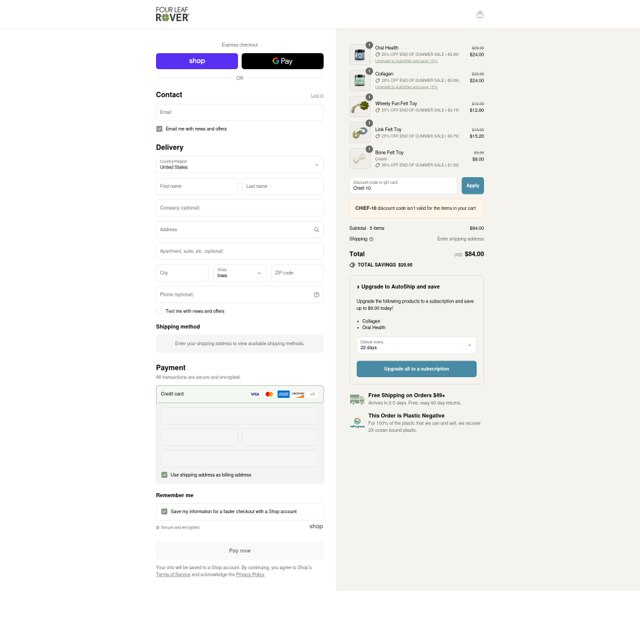 Four Leaf Rover checkout page showing Four Leaf Rover discount code box | Screenshot taken by SimplyCodes community member on Sep 2, 2025