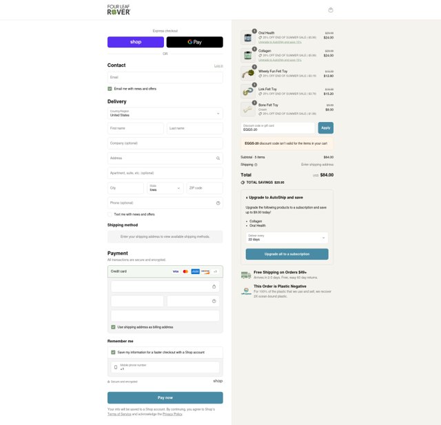 Four Leaf Rover checkout page showing Four Leaf Rover discount code box | Screenshot taken by SimplyCodes community member on Sep 2, 2025