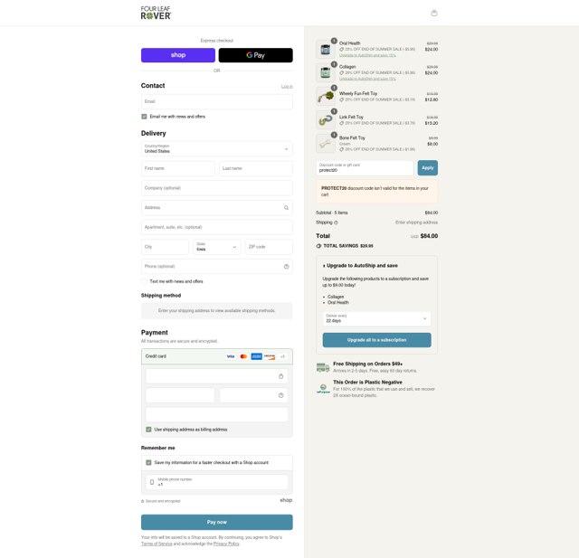 Four Leaf Rover checkout page showing Four Leaf Rover discount code box | Screenshot taken by SimplyCodes community member on Sep 2, 2025