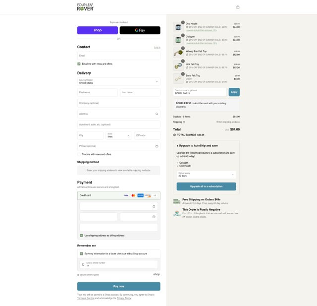 Four Leaf Rover checkout page showing Four Leaf Rover discount code box | Screenshot taken by SimplyCodes community member on Sep 2, 2025