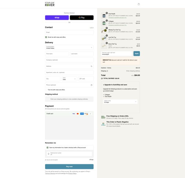 Four Leaf Rover checkout page showing Four Leaf Rover discount code box | Screenshot taken by SimplyCodes community member on Sep 2, 2025