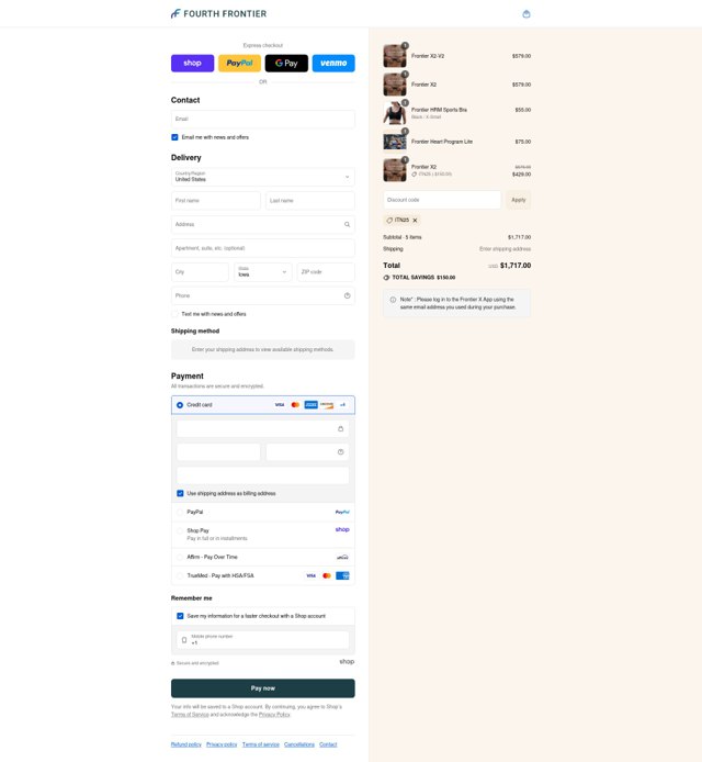 Fourth Frontier checkout page showing Fourth Frontier discount code box | Screenshot taken by SimplyCodes community member on Sep 7, 2025