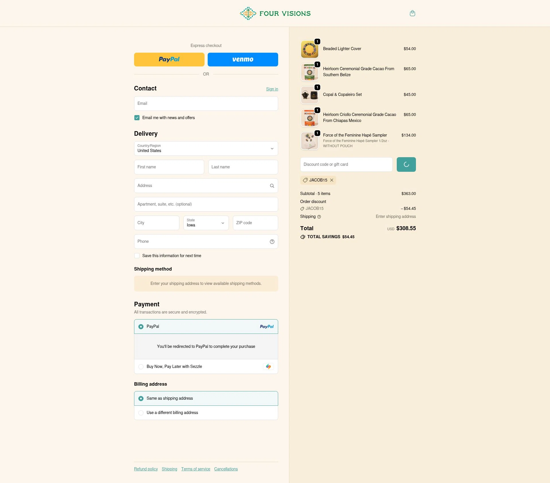Four Visions checkout page showing Four Visions discount code box | Screenshot taken by SimplyCodes community member on Jan 24, 2026