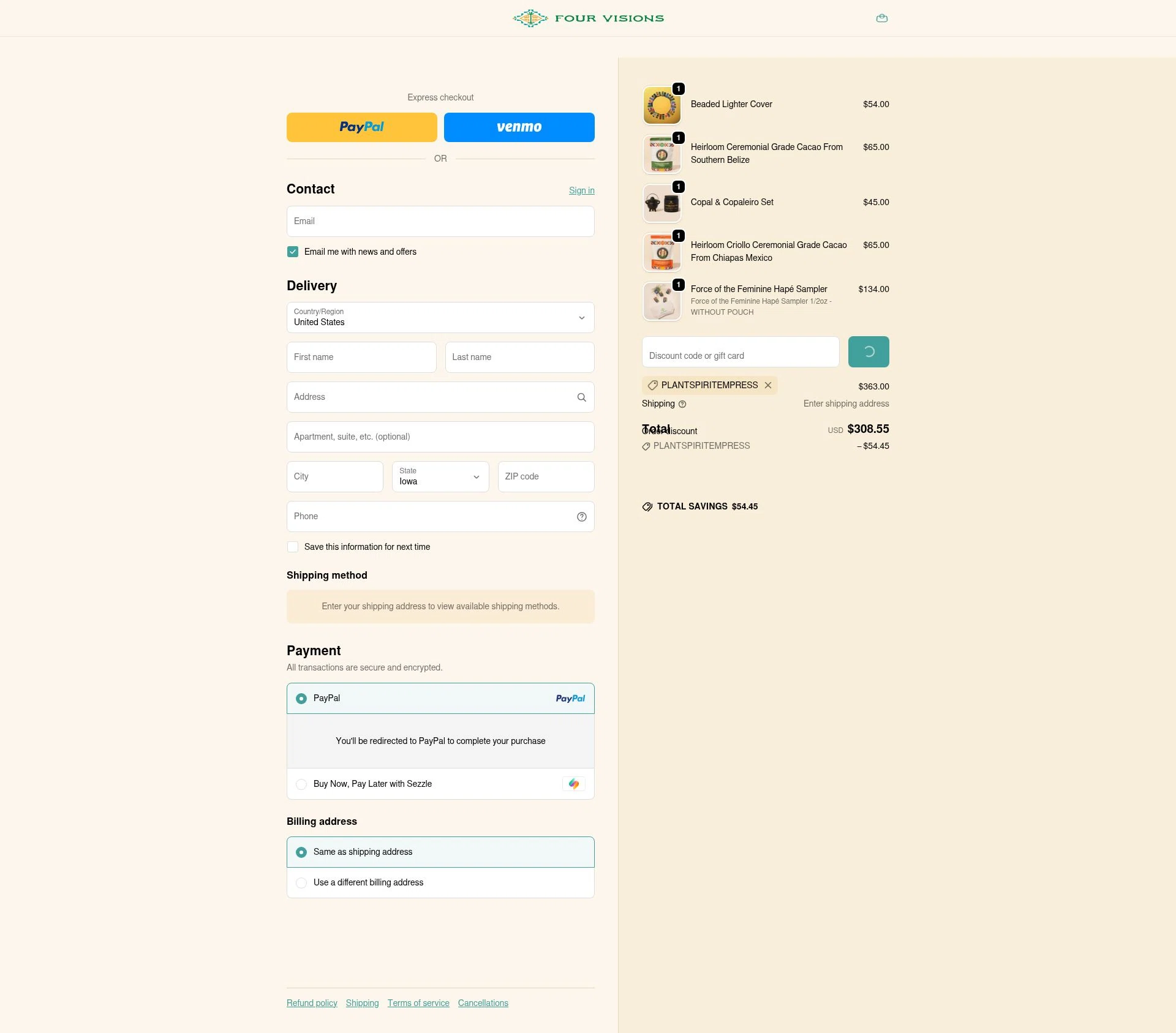 Four Visions checkout page showing Four Visions discount code box | Screenshot taken by SimplyCodes community member on Jan 24, 2026