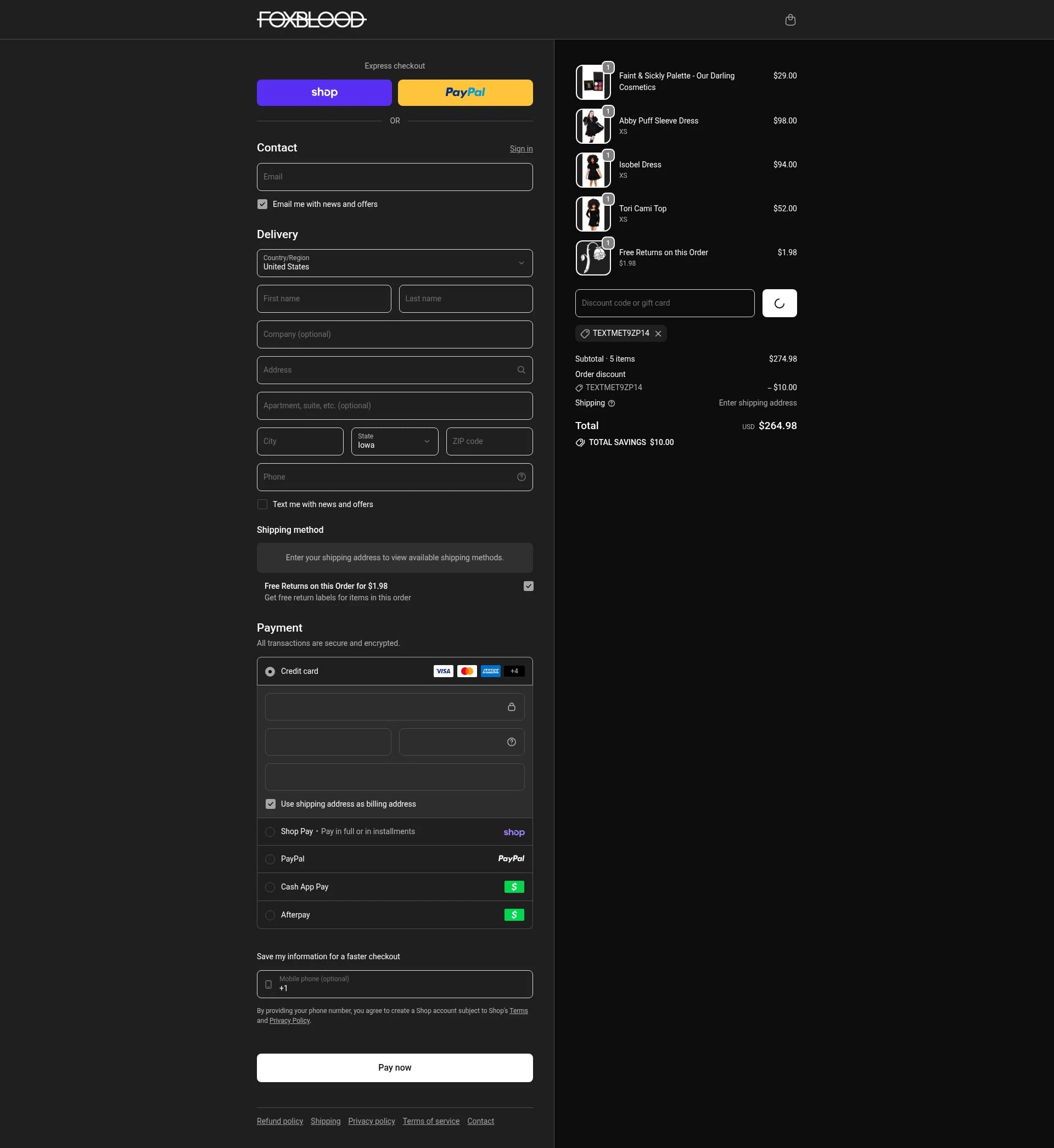 Foxblood checkout page showing Foxblood discount code box | Screenshot taken by SimplyCodes community member on Feb 18, 2026