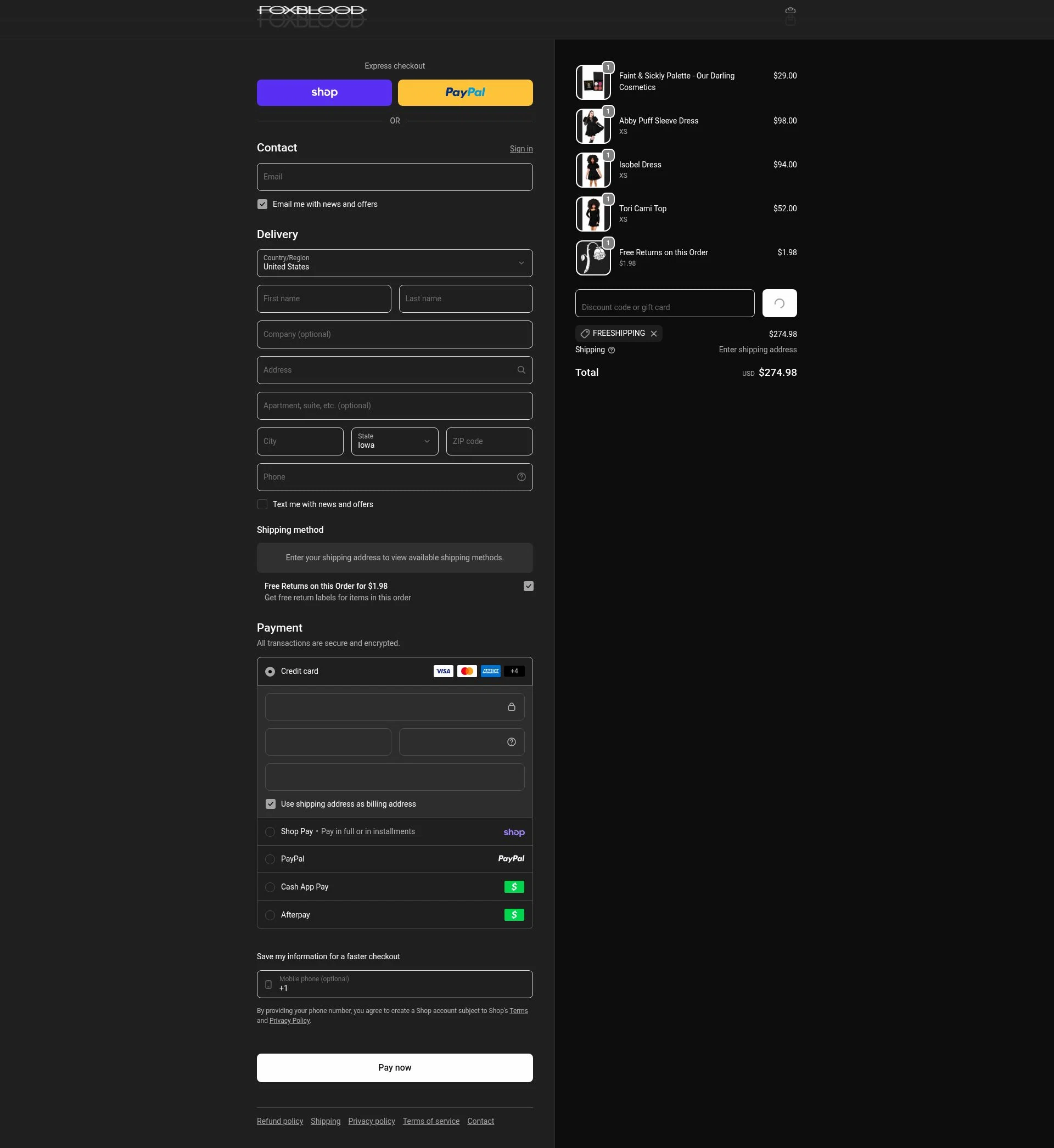 Foxblood checkout page showing Foxblood discount code box | Screenshot taken by SimplyCodes community member on Feb 18, 2026