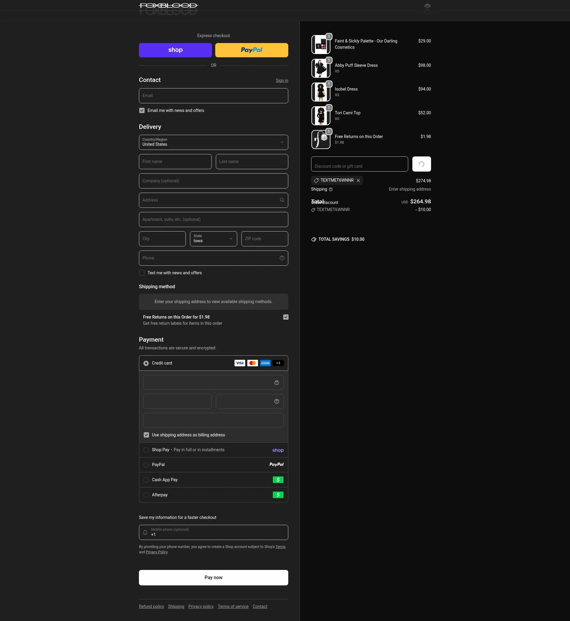 Foxblood checkout page showing Foxblood discount code box | Screenshot taken by SimplyCodes community member on Feb 18, 2026