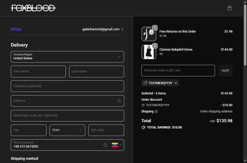 Foxblood checkout page showing Foxblood discount code box | Screenshot taken by SimplyCodes community member on Feb 14, 2026