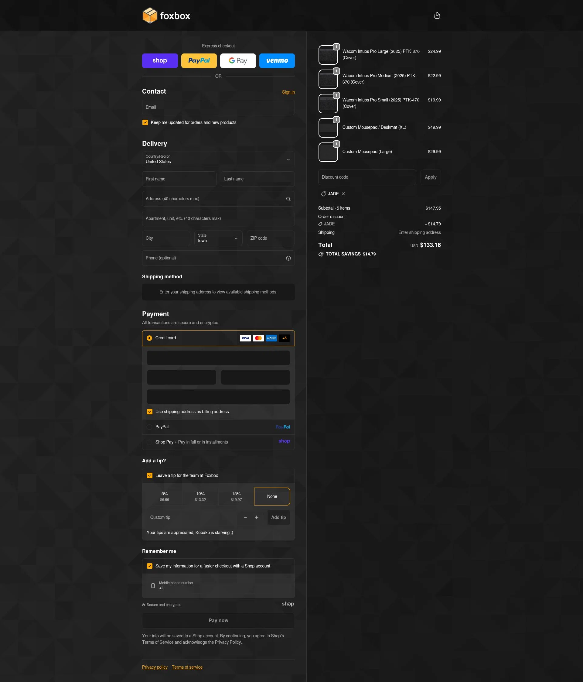 Foxbox.io checkout page showing Foxbox.io promo code box | Screenshot taken by SimplyCodes community member on Nov 14, 2025