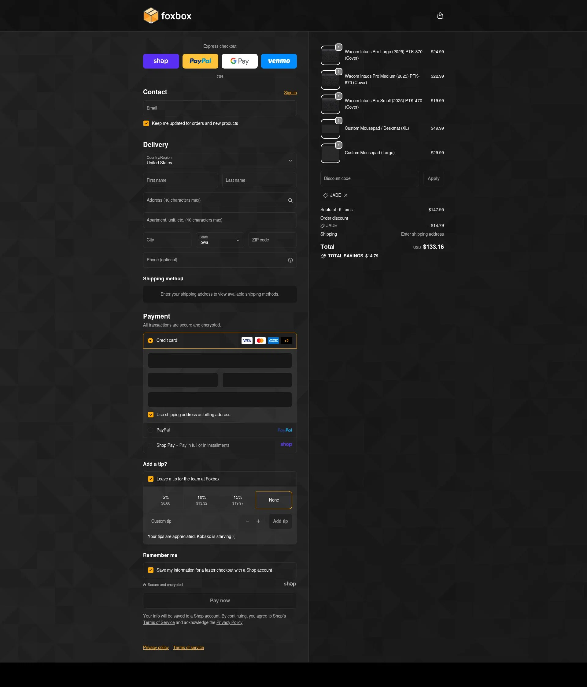 Foxbox.io checkout page showing Foxbox.io promo code box | Screenshot taken by SimplyCodes community member on Nov 24, 2025