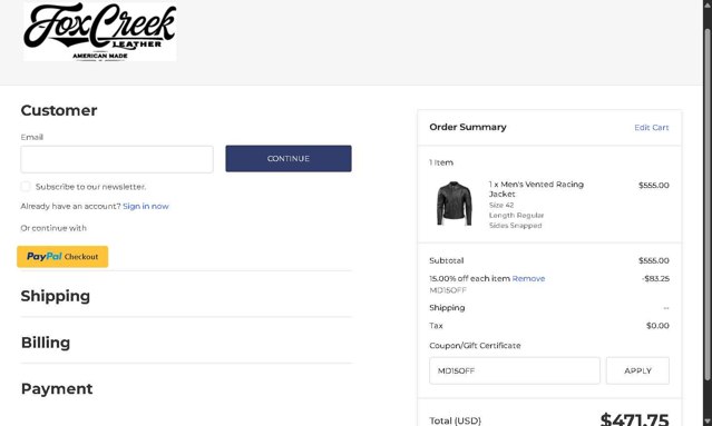 Fox Creek Leather checkout page showing Fox Creek Leather coupon code box | Screenshot taken by SimplyCodes community member on Jul 15, 2025