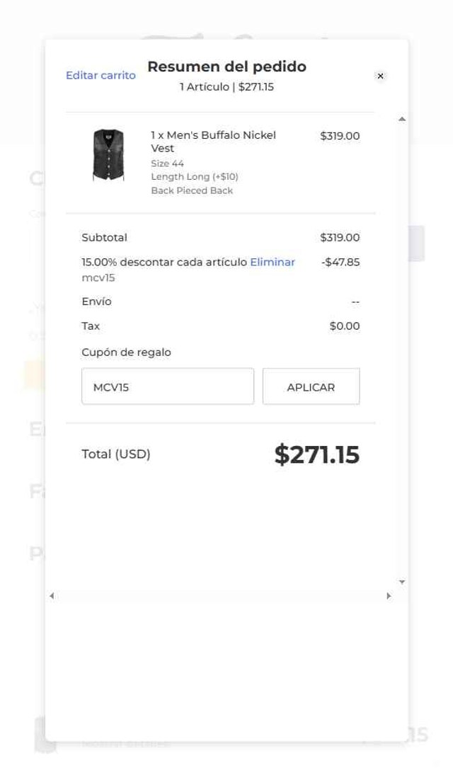 Fox Creek Leather checkout page showing Fox Creek Leather coupon code box | Screenshot taken by SimplyCodes community member on Jul 17, 2025