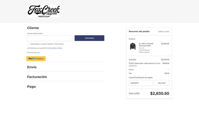 Fox Creek Leather checkout page showing Fox Creek Leather coupon code box | Screenshot taken by SimplyCodes community member on Jul 3, 2025