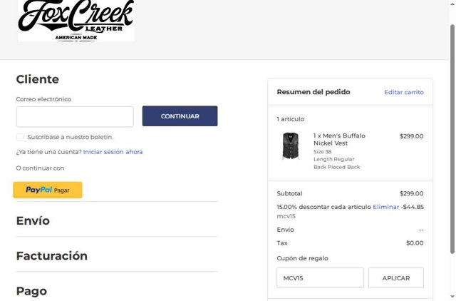 Fox Creek Leather checkout page showing Fox Creek Leather coupon code box | Screenshot taken by SimplyCodes community member on Jul 17, 2025