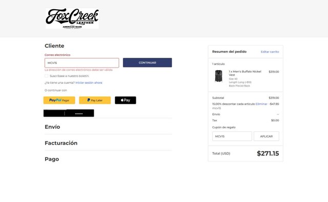 Fox Creek Leather checkout page showing Fox Creek Leather coupon code box | Screenshot taken by SimplyCodes community member on Jul 17, 2025