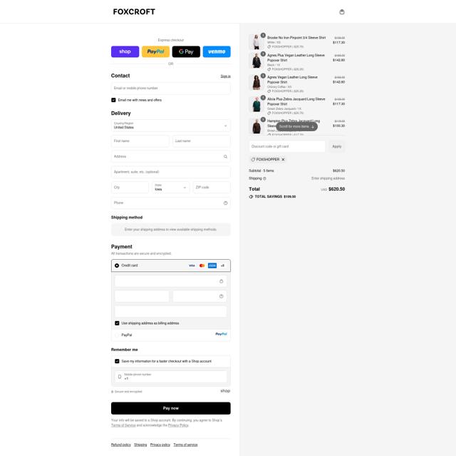Foxcroft Collection checkout page showing Foxcroft Collection promo code box | Screenshot taken by SimplyCodes community member on Sep 12, 2025