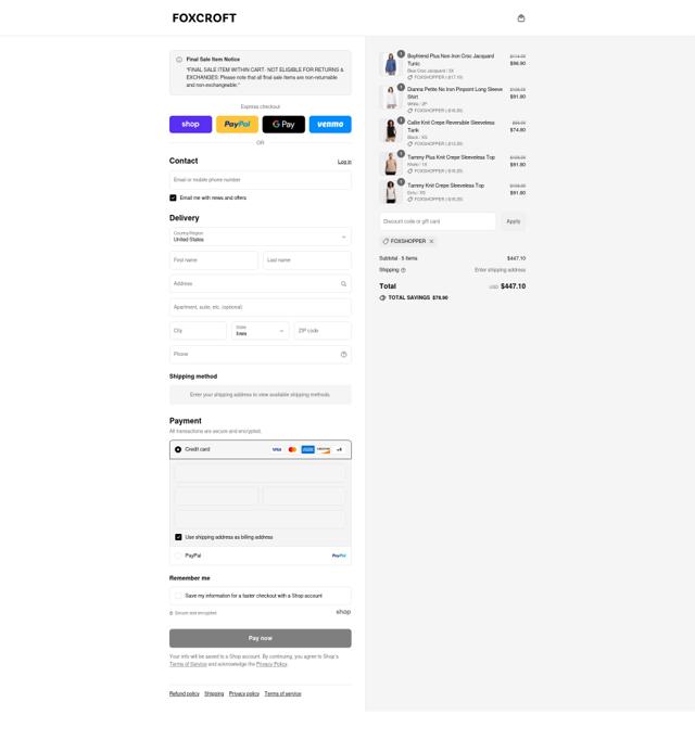 Foxcroft Collection checkout page showing Foxcroft Collection promo code box | Screenshot taken by SimplyCodes community member on Sep 4, 2025