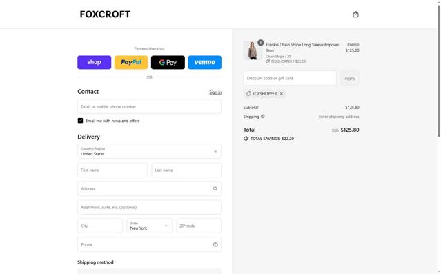 Foxcroft Collection checkout page showing Foxcroft Collection promo code box | Screenshot taken by SimplyCodes community member on Sep 10, 2025