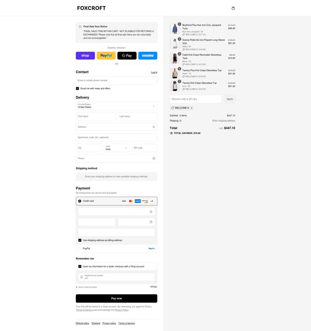 Foxcroft Collection checkout page showing Foxcroft Collection promo code box | Screenshot taken by SimplyCodes community member on Aug 31, 2025