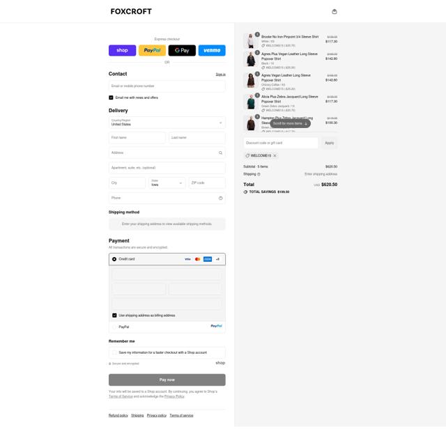 Foxcroft Collection checkout page showing Foxcroft Collection promo code box | Screenshot taken by SimplyCodes community member on Sep 12, 2025