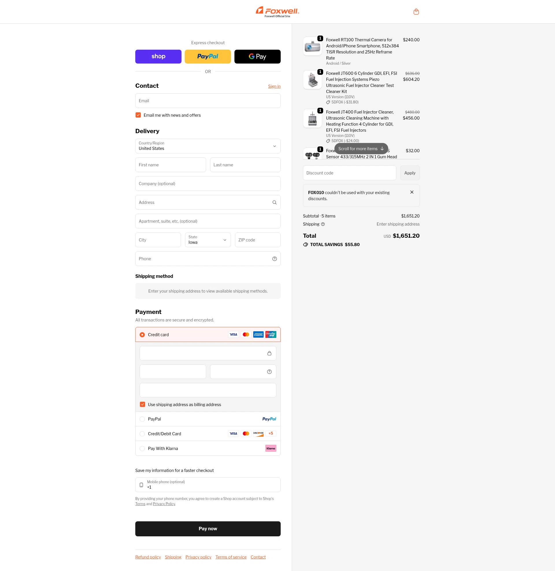 Foxwell Diag checkout page showing Foxwell Diag promo code box | Screenshot taken by SimplyCodes community member on Jan 30, 2026