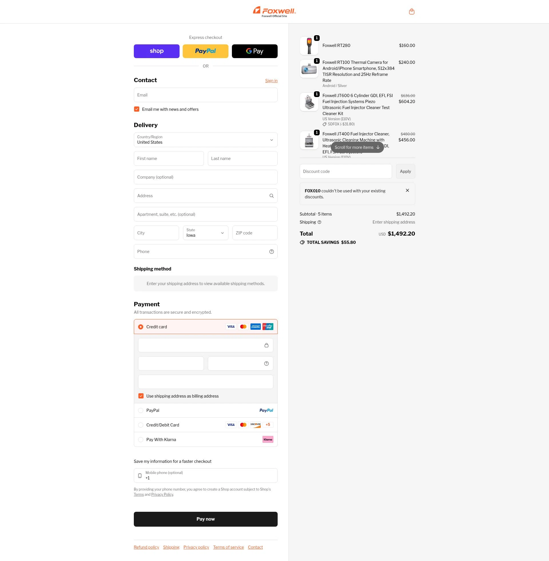 Foxwell Diag checkout page showing Foxwell Diag promo code box | Screenshot taken by SimplyCodes community member on Feb 12, 2026