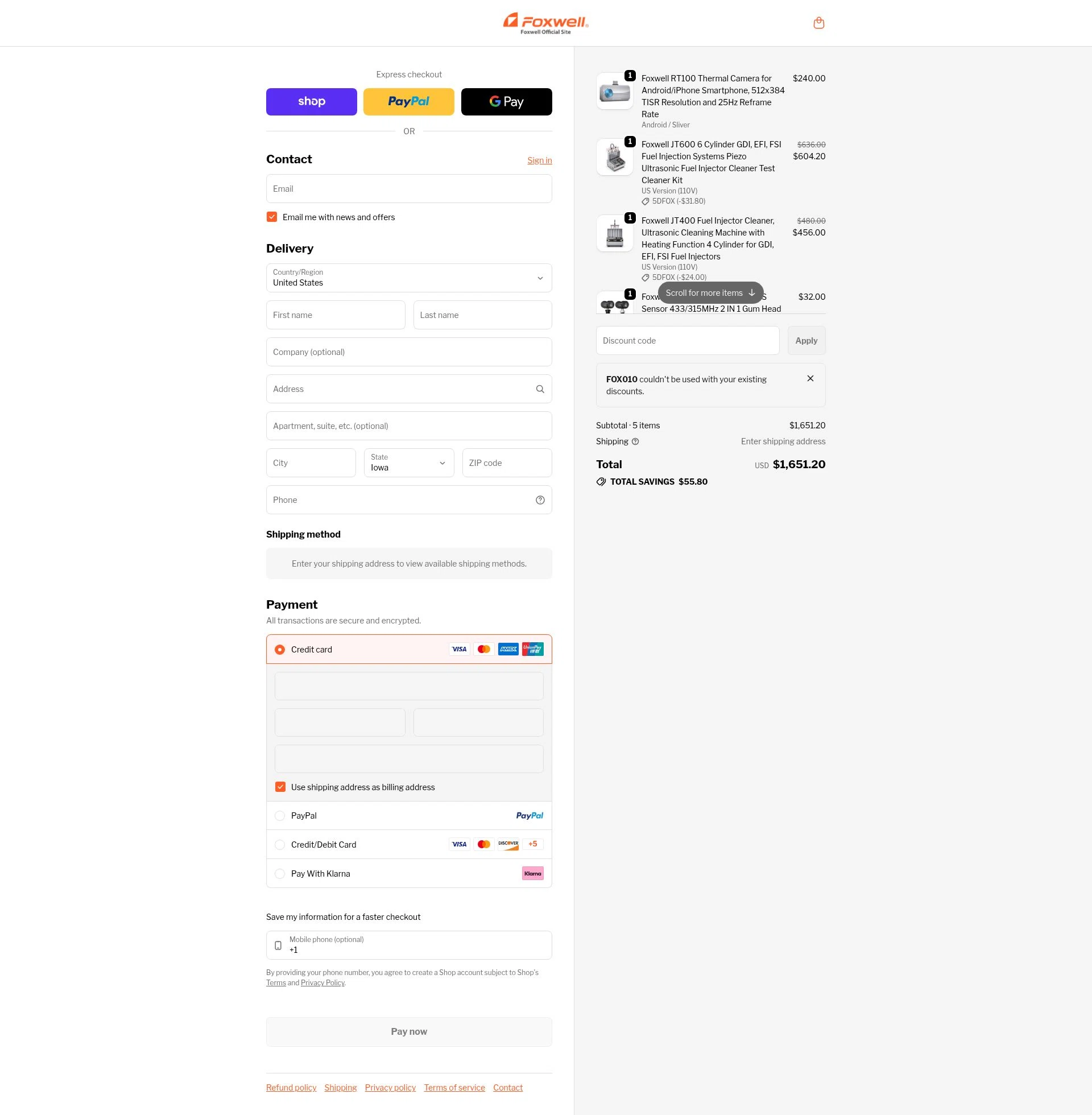 Foxwell Diag checkout page showing Foxwell Diag promo code box | Screenshot taken by SimplyCodes community member on Feb 8, 2026