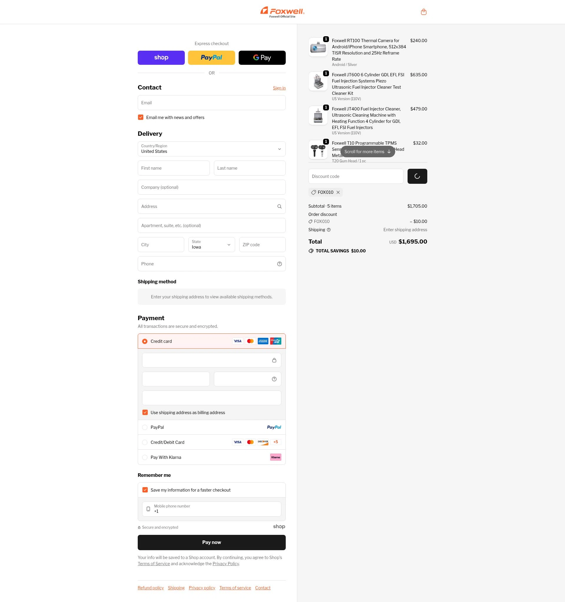 Foxwell Diag checkout page showing Foxwell Diag promo code box | Screenshot taken by SimplyCodes community member on Jan 6, 2026