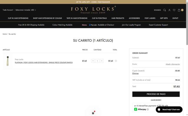 Foxy Locks checkout page showing Foxy Locks discount code box | Screenshot taken by SimplyCodes community member on Sep 1, 2025