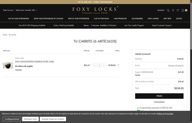 Foxy Locks checkout page showing Foxy Locks discount code box | Screenshot taken by SimplyCodes community member on Aug 14, 2025