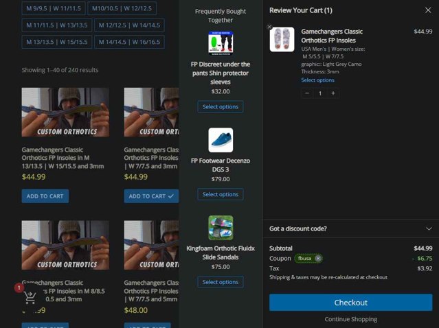FP Insoles checkout page showing FP Insoles coupon code box | Screenshot taken by SimplyCodes community member on Sep 7, 2025