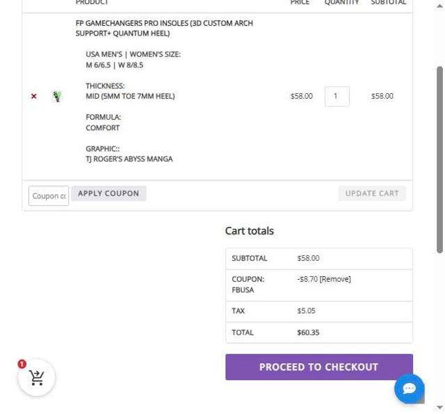 FP Insoles checkout page showing FP Insoles coupon code box | Screenshot taken by SimplyCodes community member on Aug 9, 2025
