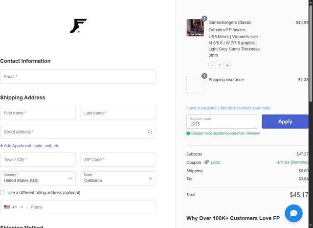 FP Insoles checkout page showing FP Insoles coupon code box | Screenshot taken by SimplyCodes community member on Sep 6, 2025