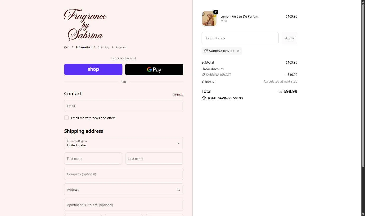 Fragrance by Sabrina checkout page showing Fragrance by Sabrina discount code box | Screenshot taken by SimplyCodes community member on Dec 8, 2025
