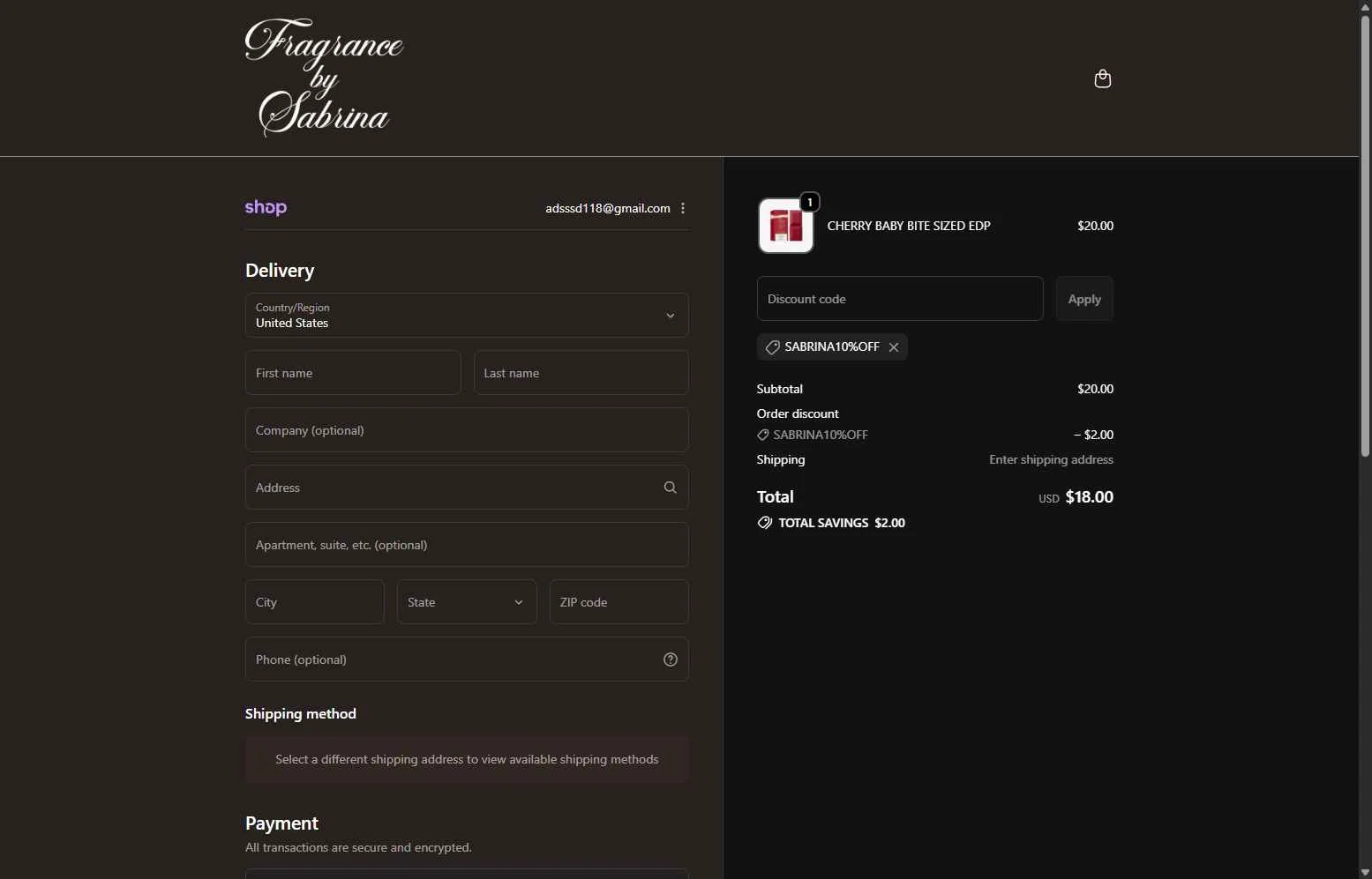 Fragrance by Sabrina checkout page showing Fragrance by Sabrina discount code box | Screenshot taken by SimplyCodes community member on Feb 4, 2026