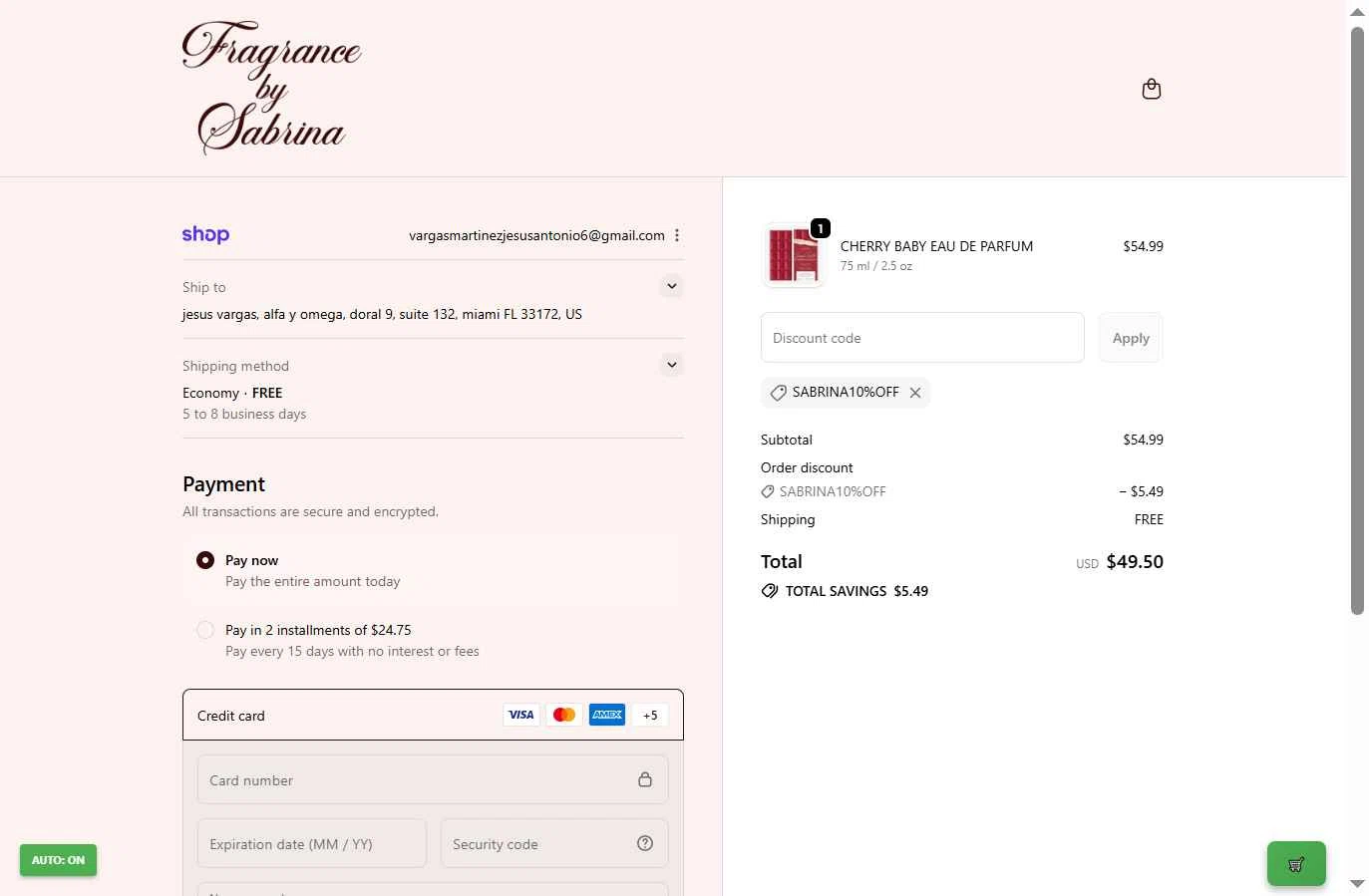 Fragrance by Sabrina checkout page showing Fragrance by Sabrina discount code box | Screenshot taken by SimplyCodes community member on Oct 25, 2025