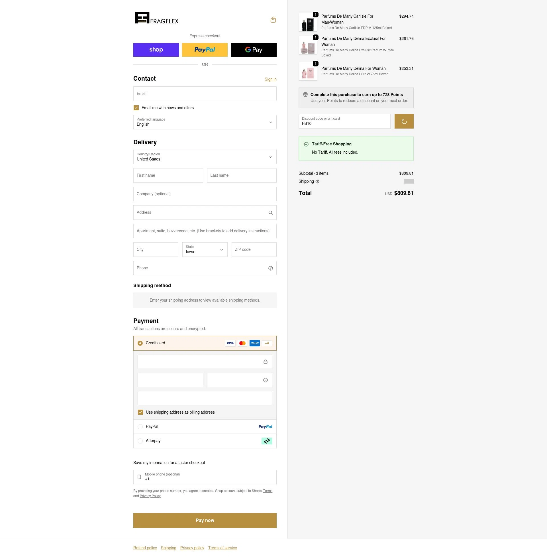 FragFlex checkout page showing FragFlex coupon code box | Screenshot taken by SimplyCodes community member on Feb 15, 2026