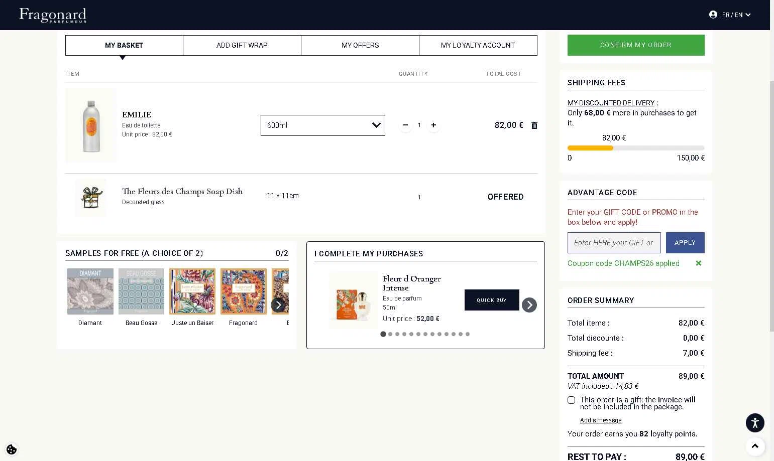 Fragonard checkout page showing Fragonard coupon code box | Screenshot taken by SimplyCodes community member on Feb 9, 2026