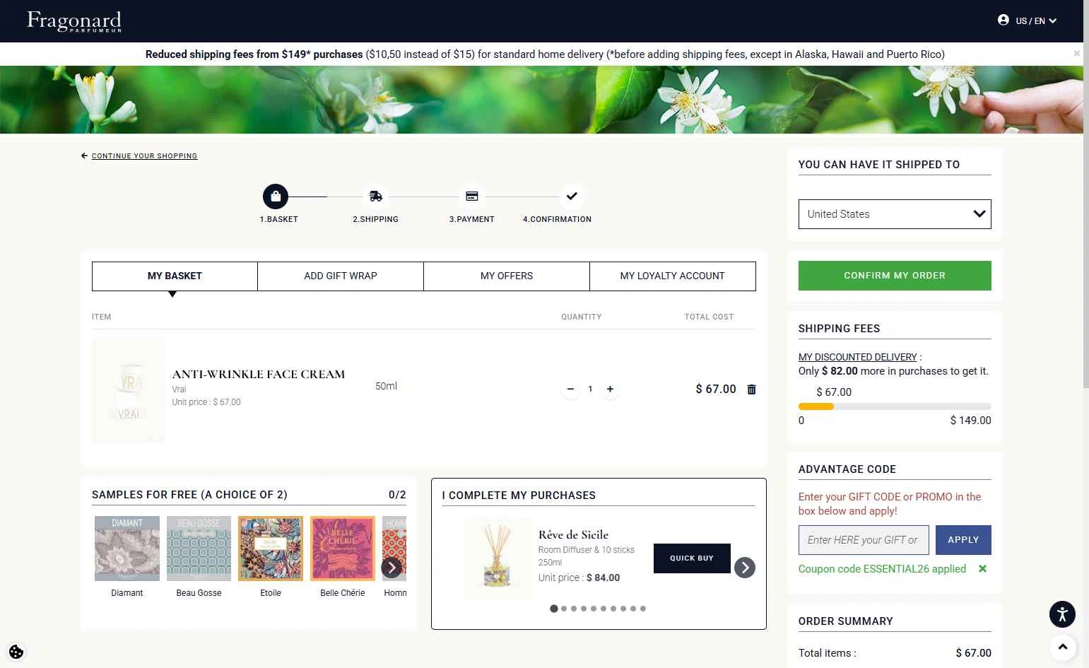 Fragonard checkout page showing Fragonard coupon code box | Screenshot taken by SimplyCodes community member on Jan 27, 2026