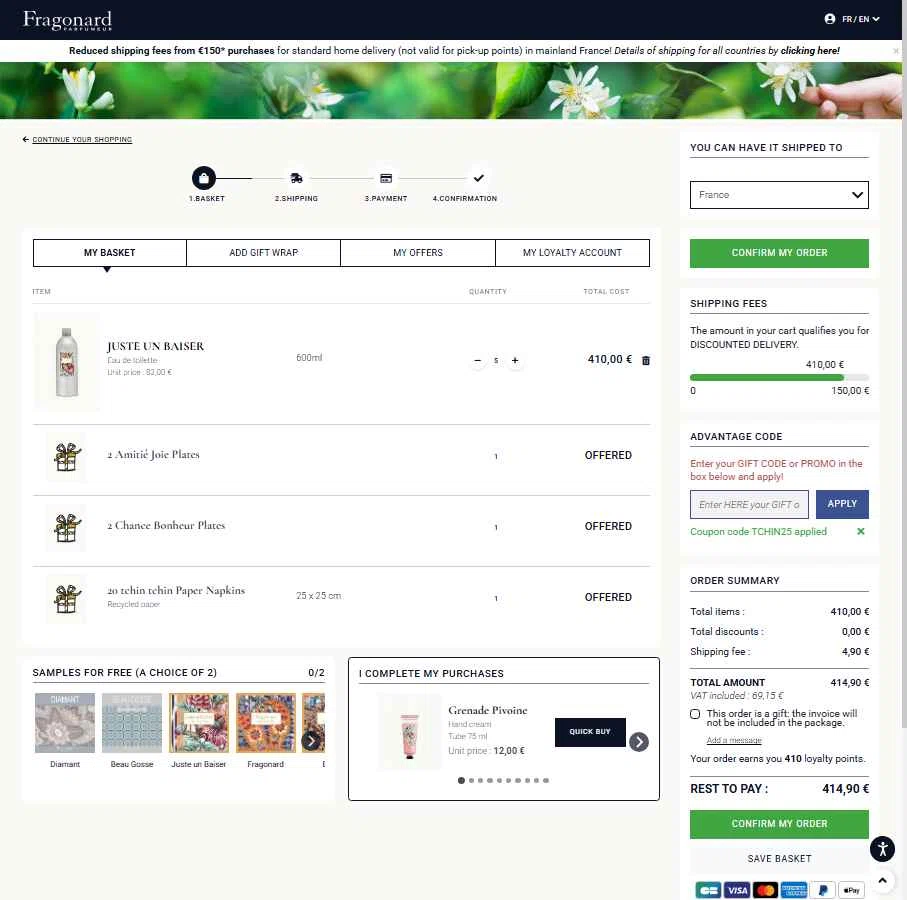 Fragonard checkout page showing Fragonard coupon code box | Screenshot taken by SimplyCodes community member on Jan 18, 2026