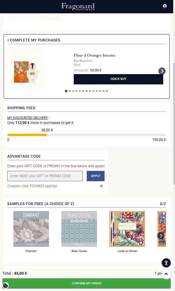 Fragonard checkout page showing Fragonard coupon code box | Screenshot taken by SimplyCodes community member on Feb 9, 2026