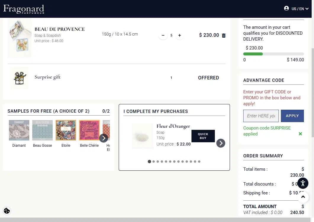 Fragonard checkout page showing Fragonard coupon code box | Screenshot taken by SimplyCodes community member on Feb 5, 2026